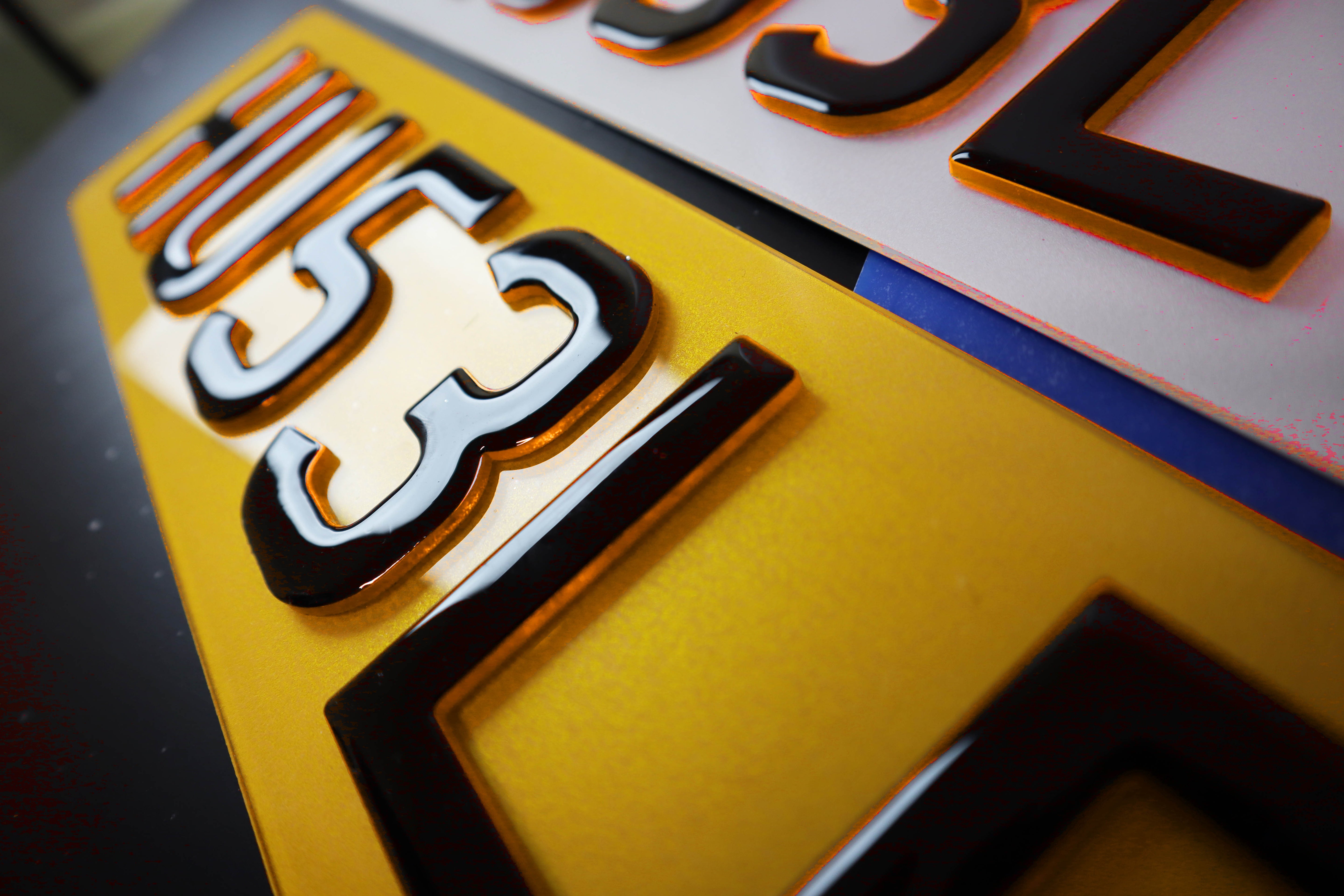 Show Plate Pair with Coloured Translucent Orange Base and Gel Lettering LB32