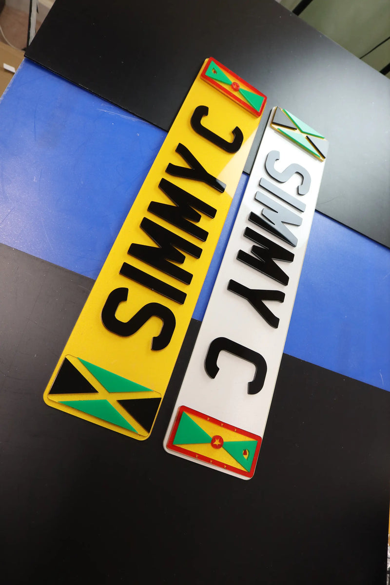 Custom Show Plate – ‘Simmy C’ with Laser-Cut Jamaica & Grenada Flags LB41