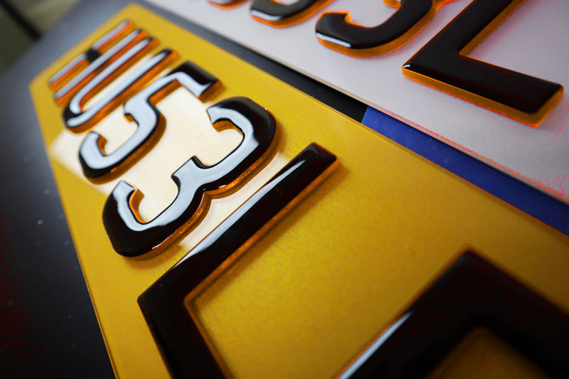 Show Plate Pair with Coloured Translucent Orange Base and Gel Lettering LB32