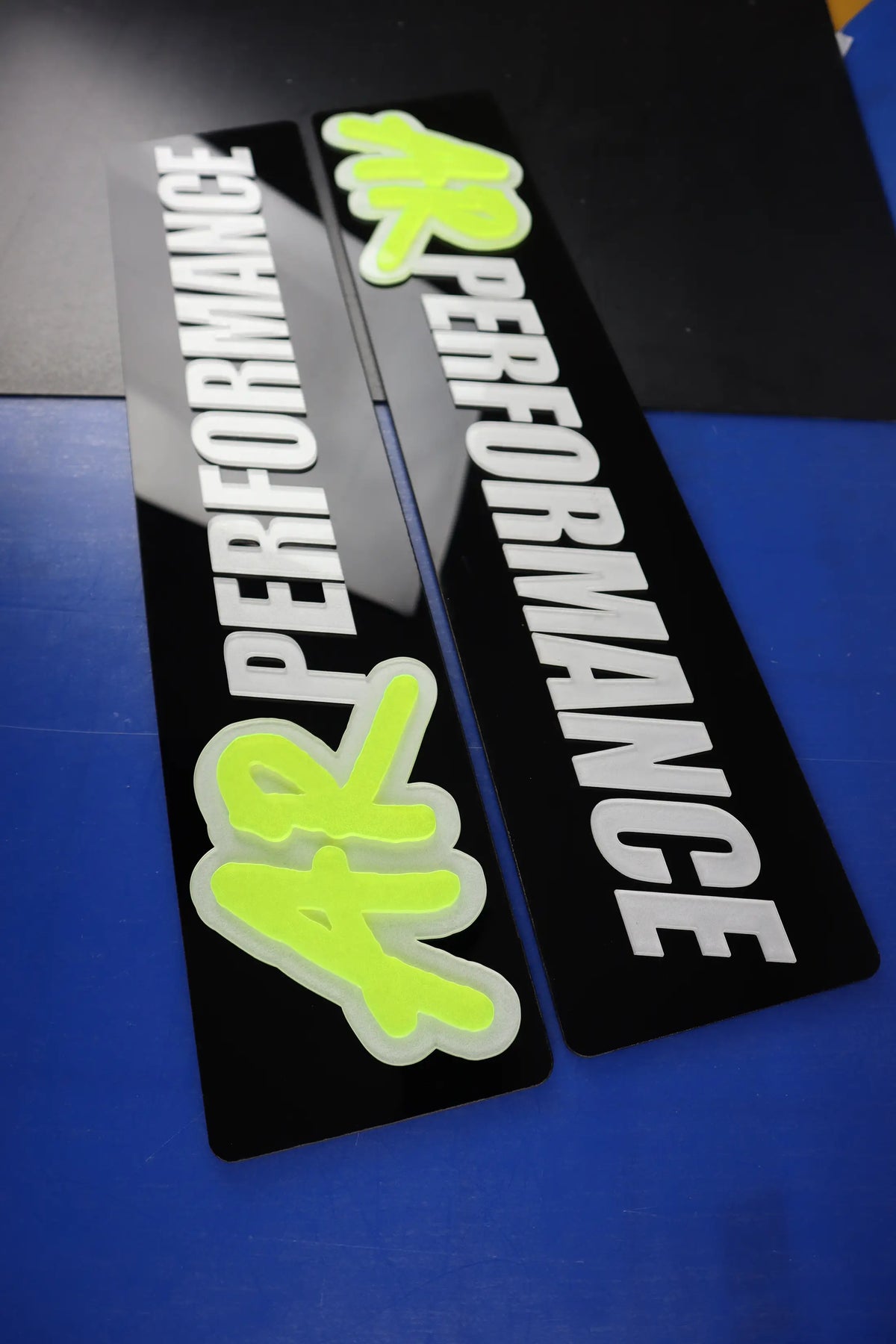Custom 4D Logo Show Plates with Lime Green and White on Black Lookbook Pair LB106