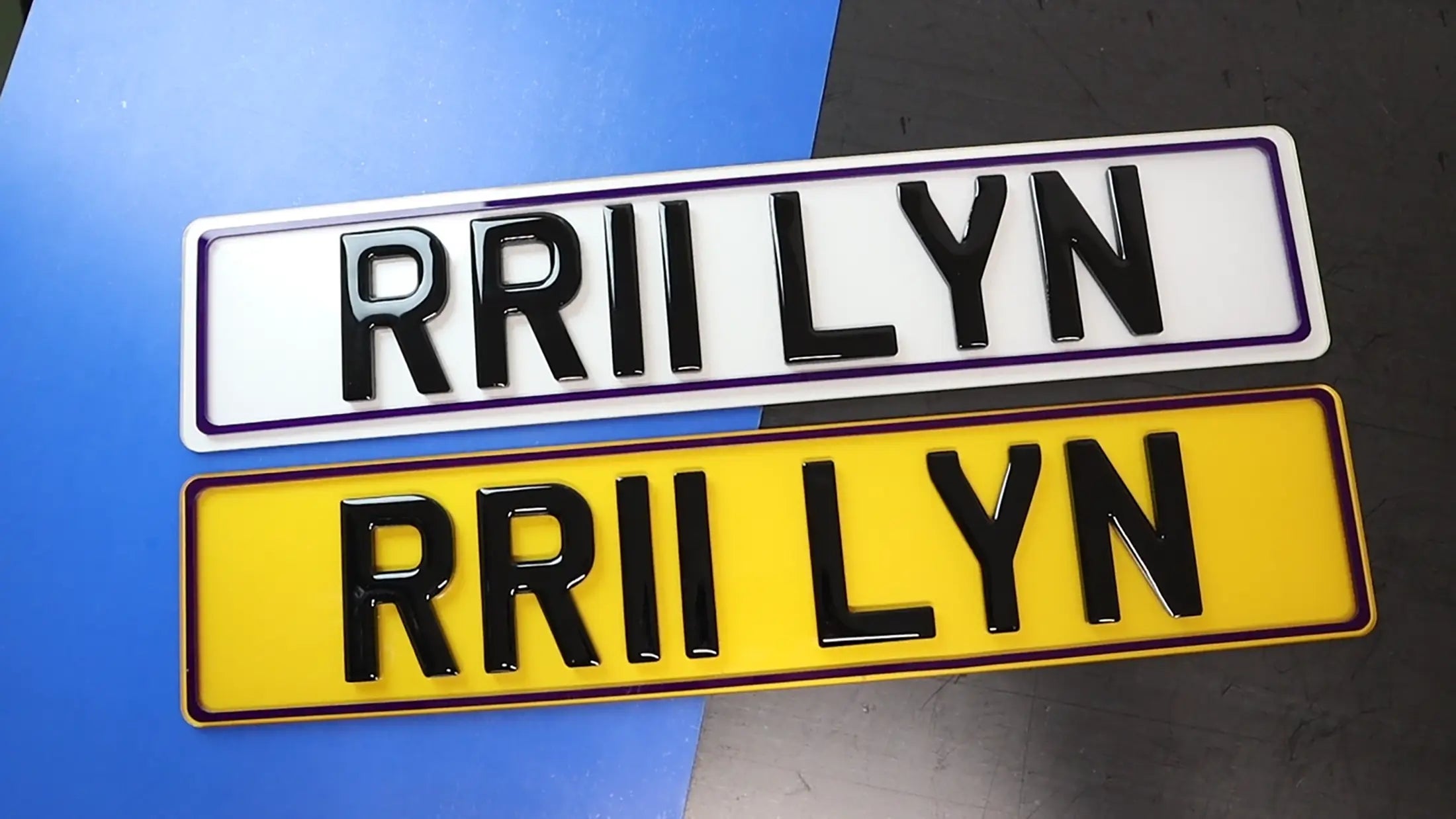 Regular Number Plates with 7mm Gel Lettering and Purple 4D Border LB30